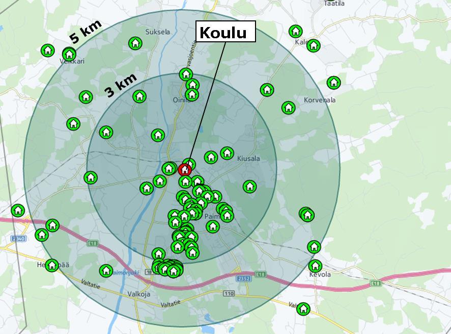 79 Kuva 50. Esimerkki kyselyyn vastanneiden oppilaiden asuinpaikoista, suhteessa koulun sijaintiin. (taustakartta: HERE 2017) 6.