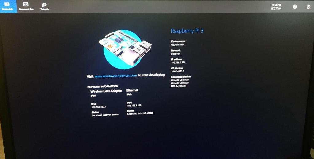 16 Kuva 5. Windows 10 IoT Core aloitusnäkymä (Shyamsundar 2016). 3.