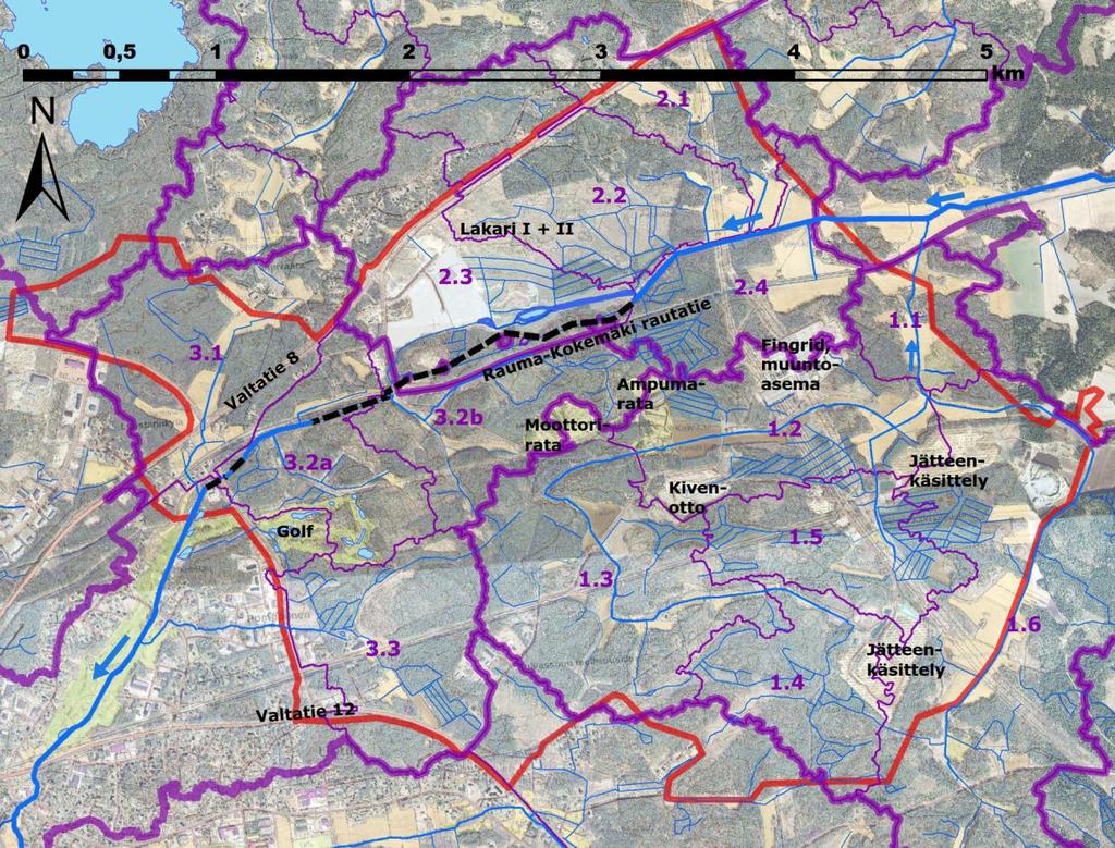 8 Kuva 2.8: Osayleiskaava-alueen maankäytön nykytila. Raakavesikanavan tunneliosuus on esitetty mustalla katkoviivalla ja osayleiskaava-alueen rajaus punaisella.