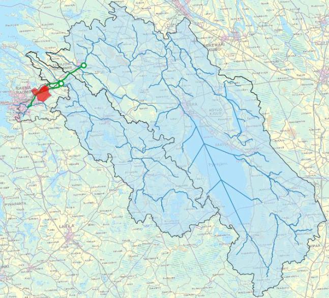 4 Kuva 2.2: Rauman raakavedenottopisteet ja valuma-alueet. Lapinjoen vesistöalueen ja Eurajoen vesistö-alueen rajat on esitetty kartassa mustalla.