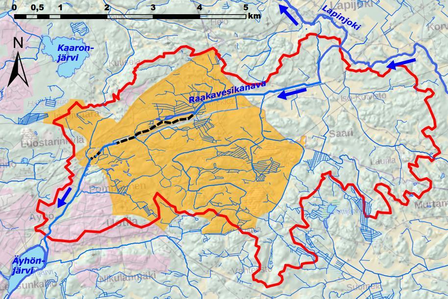 5 Kuva 2.3: Raakavesikanavan lähivaluma-alue. Lähivaluma-alueen vedenjakaja on merkitty punaisella ja raakavesikanavan tunneliosuus mustalla katkoviivalla.