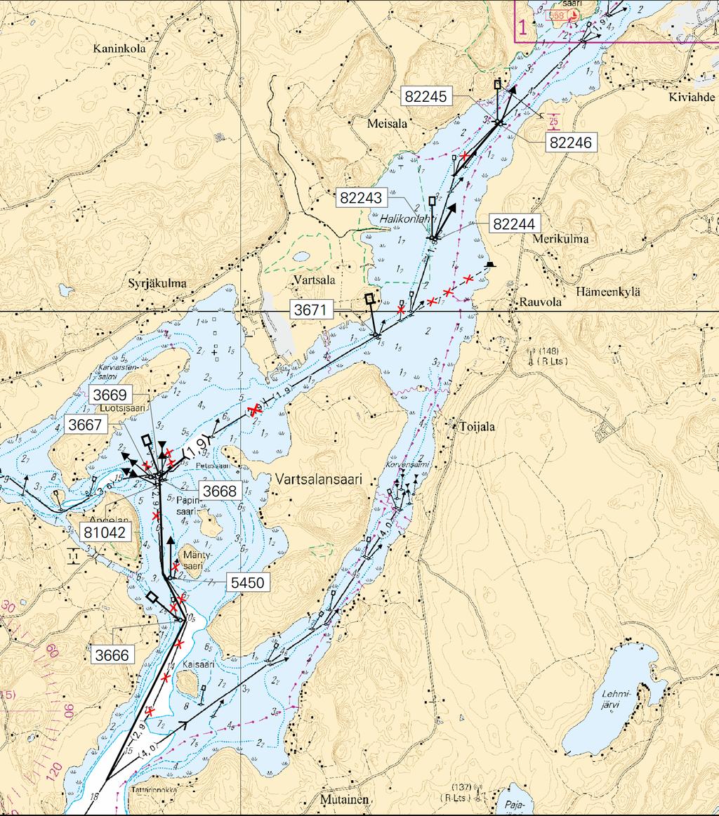 6 35-2016 E. Viittojen tarkistettu sijainti Prickarnas positioner kontrollmätta Adjusted spar buoy positions No WGS 84 Kartat/Korten/Charts 1) 57509 Oikea-SB-Starboard 60 19.241 N 22 59.651 E 23, 23.