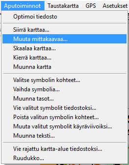 MITTAKAAVAN MUUTTAMINEN (OCAD9) Valitse Aputoiminnot ja Muuta mittakaavaa Aseta uudeksi mittakaavaksi 5 000 Poista valinta Suurenna/Pienennä symbolit Valitse OK Sovita