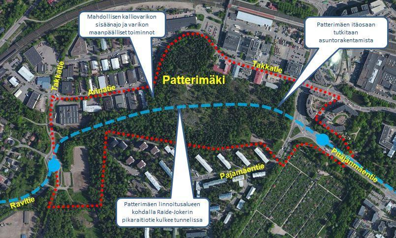 Suunnittelualue Suunnittelualueeseen kuuluu koko Patterimäen puistoalue, Takkatien ja Arinatien eteläpuolella olevat työpaikkakorttelit, asuinkerrostalotontti Pitäjänmäentien varressa sekä Pajamäen