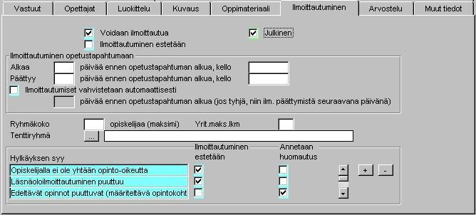 Helsingin yliopisto WinOodi Sivu 6/8 Ilmoittautuminen Tällä välilehdellä voi määritellä ilmoittautumisparametreja.