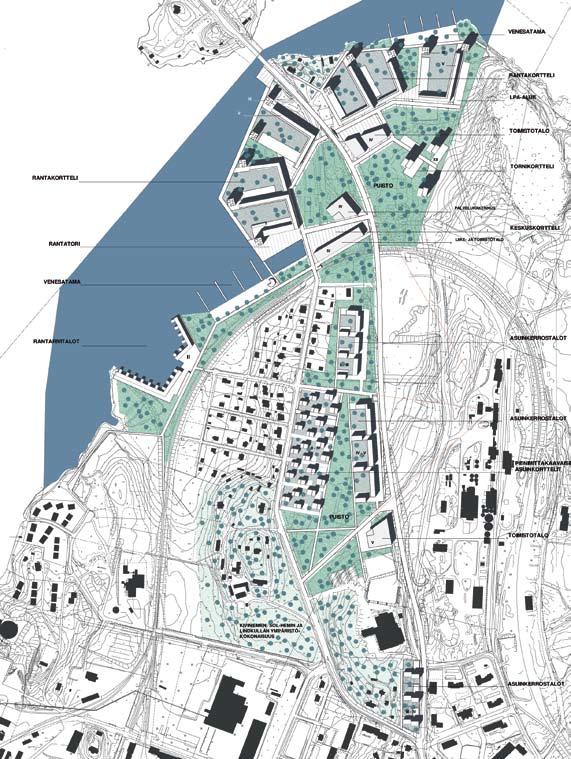 Myös metsätornit on esitetty luonnosmaisesti, eikä alueen lopullisesta ilmeestä synny selkeää vaikutelmaa.