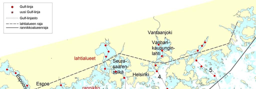 Kuva 10. Gulf-Olympia poikaspyynnin seurantalinjat ja vyöhykejako. 10.3.