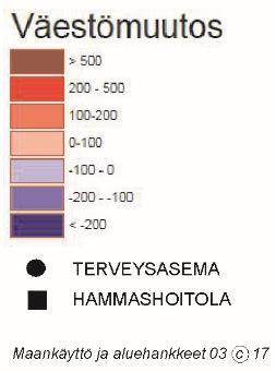 tapahtuvaa muutosta alueittain - väestömäärä kasvaa yli 1000 henkilöllä mm.