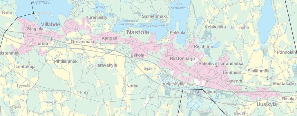 NASTOLAN ALUEEN VÄESTÖKESKITTYMÄT alla on esitetty Villähteen ja Rakokiven keskuksista sekä nykyisestä terveysasemasta 2 km:n ja 5 km:n säteellä asuvan väestön määrä sekä sen osuus koko Nastolan