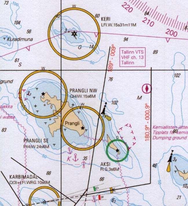 8. Paikasta 59 43,0 N 024 58,0 E olet menossa paikkaan 59 34,5 N 025 03,0 E. Reitin eri osuuksien kompassisuunnat ovat 1 KS = 178, 2 KS = 110 ja 3 KS = 186.