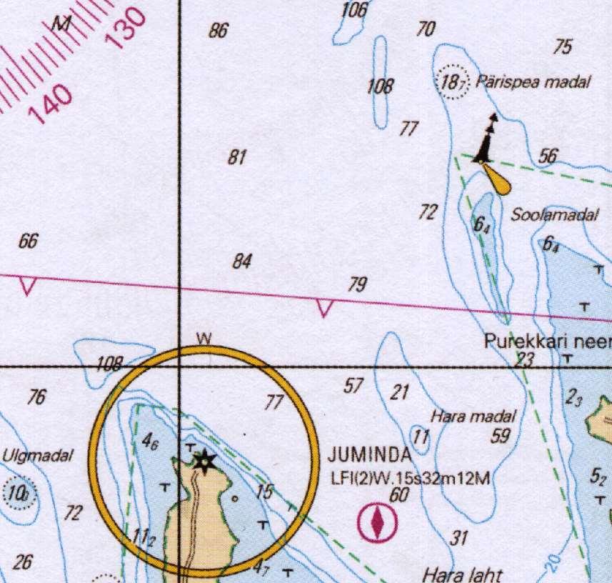 5. Merkintäpaikkasi on 59 43,0 N 025 36,5 E. Merimajakka Juminda suunnitaan keulakulmassa 45 vasemmalla kello 12.50 ja suoraan sivulla vasemmalla kello 13.20.