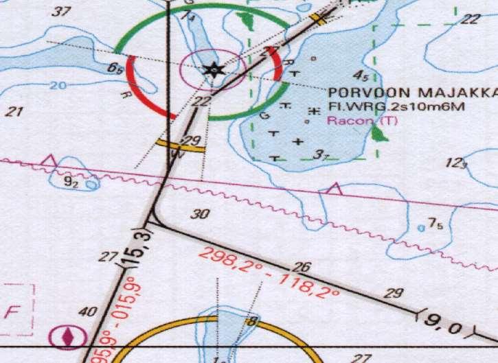 6. Merkintäpaikkasi on 60 01,0 N 025 40,0 E. Ohjaat kompassisuuntaan 310 nopeuden ollessa 6 solmua. Kello 17.20 suunnit merimajakan Porvoon Majakka keulakulmassa 35 oikealla ja klo 17.