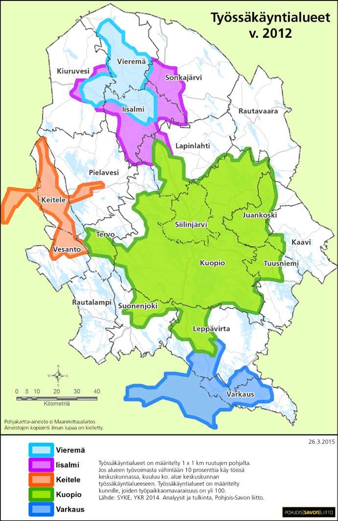 Pohjois-Savon työssäkäyntialueet Määritelty kunnille, joiden työpaikkaomavaraisuus on yli 100. YKR-tiedot jaettu 1 x 1 km:n ruutuihin. Kun em.