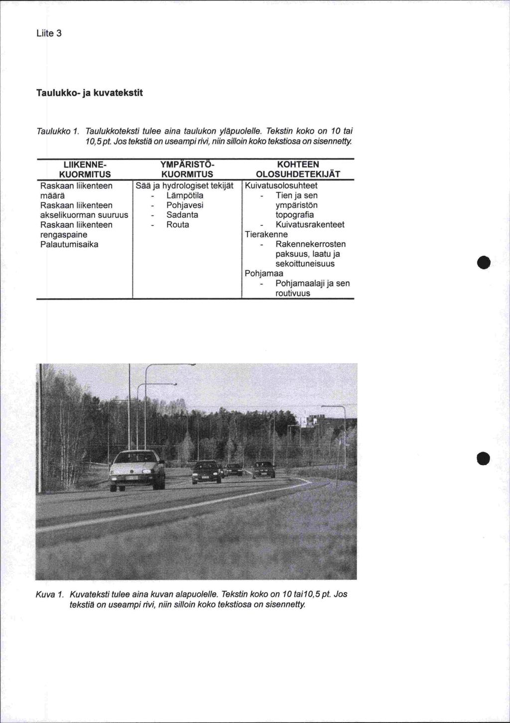 Liite 3 Taulukko- ja kuvatekstit Taulukko 1 Taulukkoteksti tulee aina taulukon yläpuolelle Tekstin koko on 10 tai 10,5 pt Jos tekstiä on useampi riv niin silloin koko tekstiosa on sisennetty