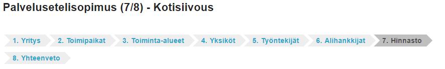 Yhteenveto -sivun takana voi tarkastella yrityksen ja palveluntuottajan hakemuksessa toimittamia tietoja sekä liitteitä, ja lisäksi tarkastella voimassaolevia hinnastoja.