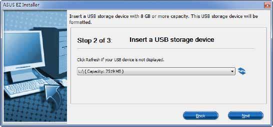 d) Valitse USB-tallennuslaite ja valitse sitten seuraava. e) Napsauta Virkistä-kuvaketta, jos USB-tallennuslaite ei ole näkyvissä.
