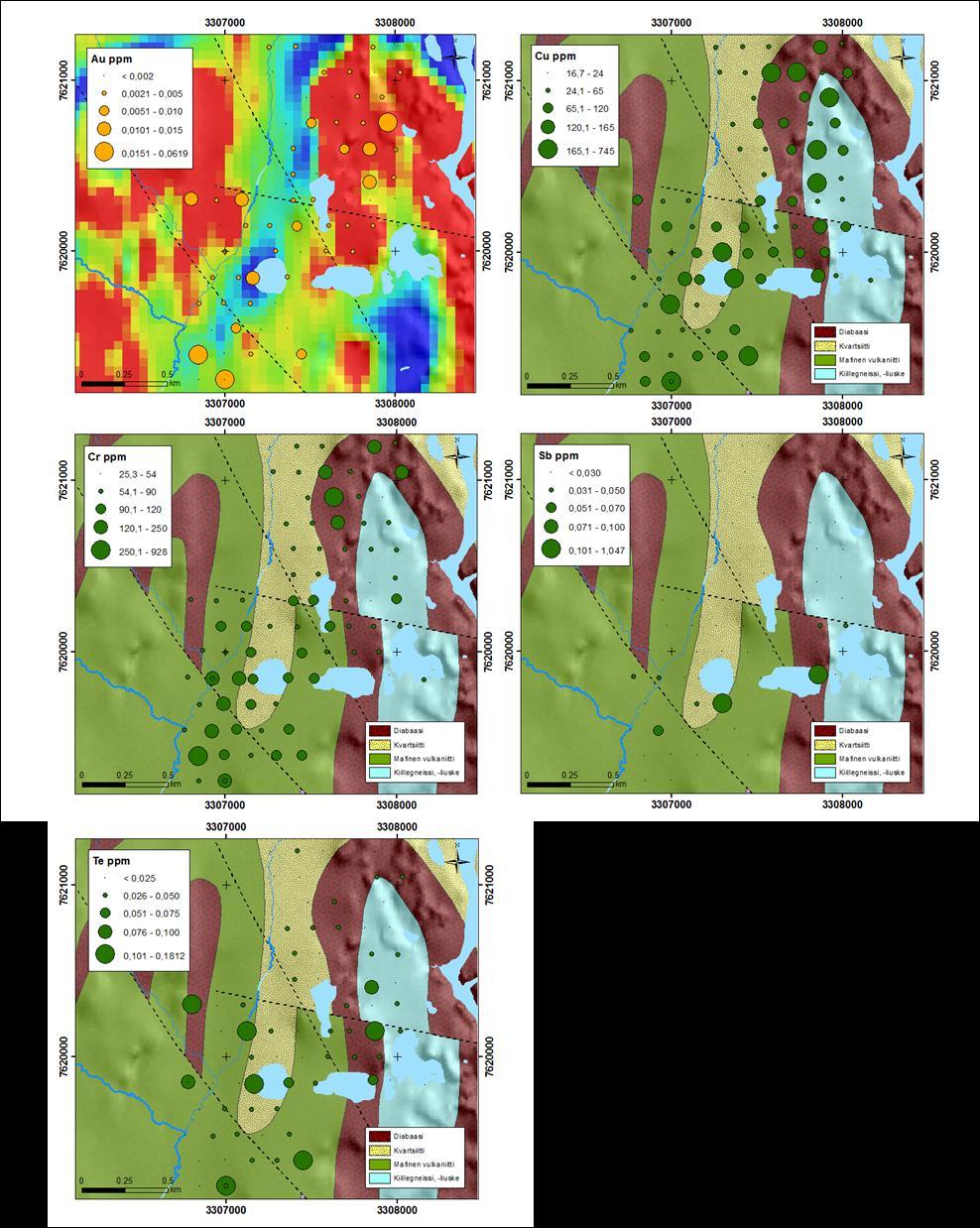 GEOLOGIAN TUTKIMUSKESKUS 2551017 HANKERAPORTTI 99 Kuva 53. Kullan, kuparin, kromi, antimonin sekä telluurin pitoisuudet moreenin hienoaineksessa Vähäkurkkion tutkimusalueella.