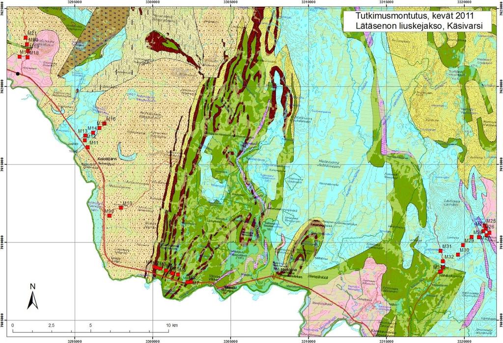 GEOLOGIAN TUTKIMUSKESKUS 2551017 HANKERAPORTTI 111 della suuntauslaskulla ja kahdella uurrehavainnolla. Tutkimusmontut havainnoitiin stratigrafialomakkeelle ja valokuvaamalla. Kuva 62.