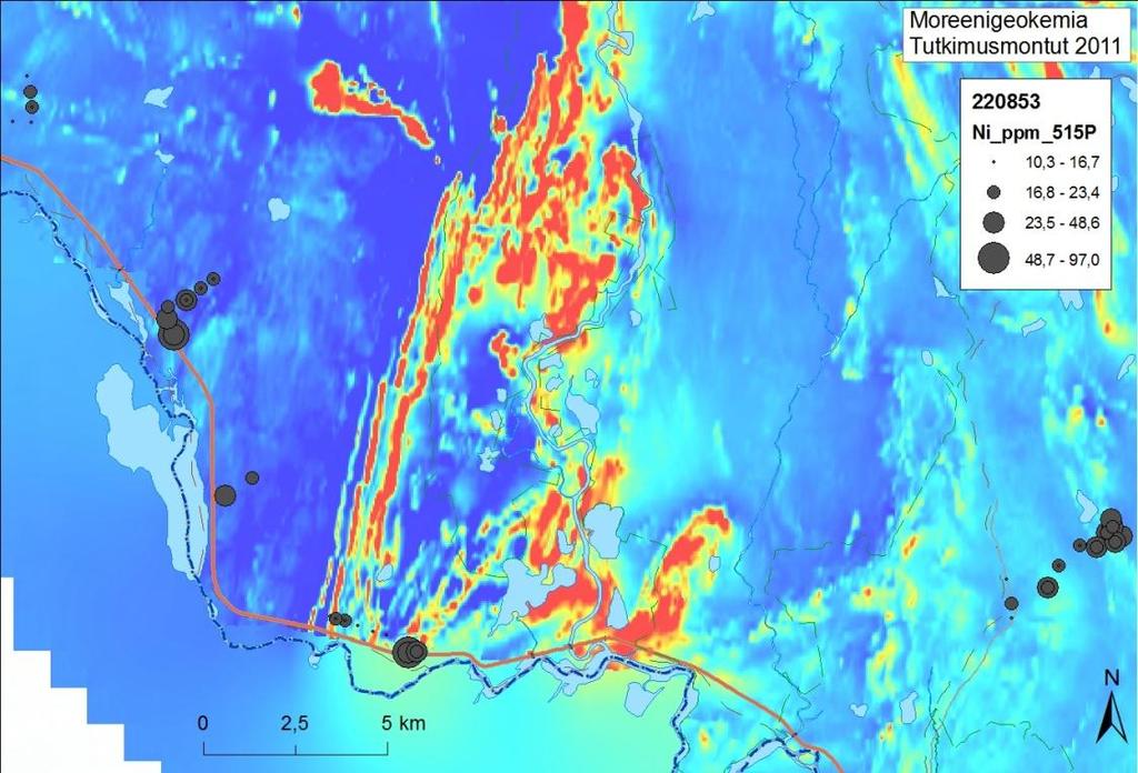 GEOLOGIAN TUTKIMUSKESKUS 2551017 HANKERAPORTTI 117 Kuva 68. Kuparin jakautuminen moreenin hienoaineksessa (< 0.06 mm) tutkimusalueen eteläosaan kaivetuissa tutkimuskaivannoissa.