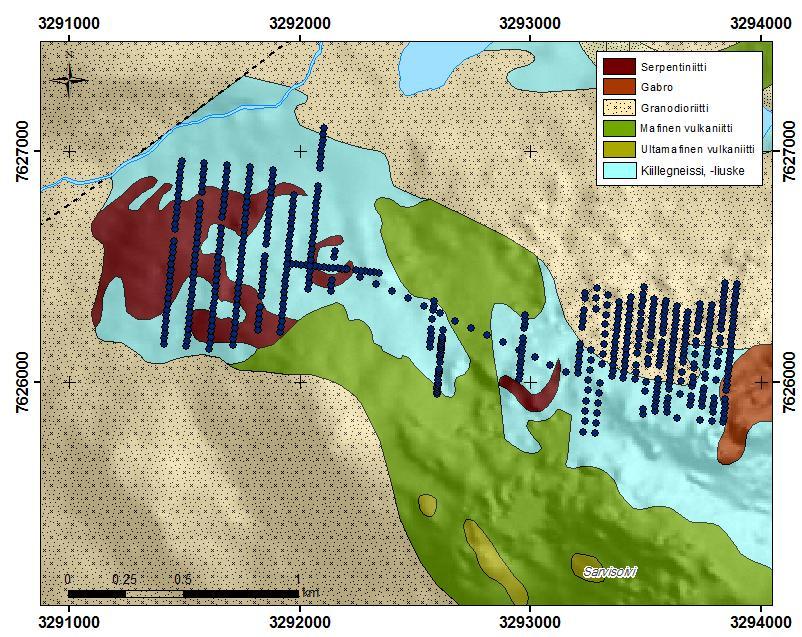 GEOLOGIAN TUTKIMUSKESKUS 2551017 HANKERAPORTTI 121 Kuva 70. Uusinta-analysoitujen iskuporanäytteiden sijainti Sarvisoaivin kohteella. Pohjalla DigiKp - aineisto sekä korkeusmalli.