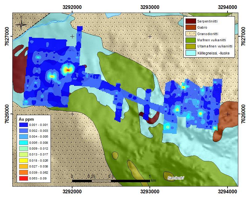 GEOLOGIAN TUTKIMUSKESKUS 2551017 HANKERAPORTTI 122 Kuva 71. Moreenin hienoaineksen Au-anomaliat Sarvisoaivin tutkimuskohteella. Aineisto esitetty interpoloituna (IDW).