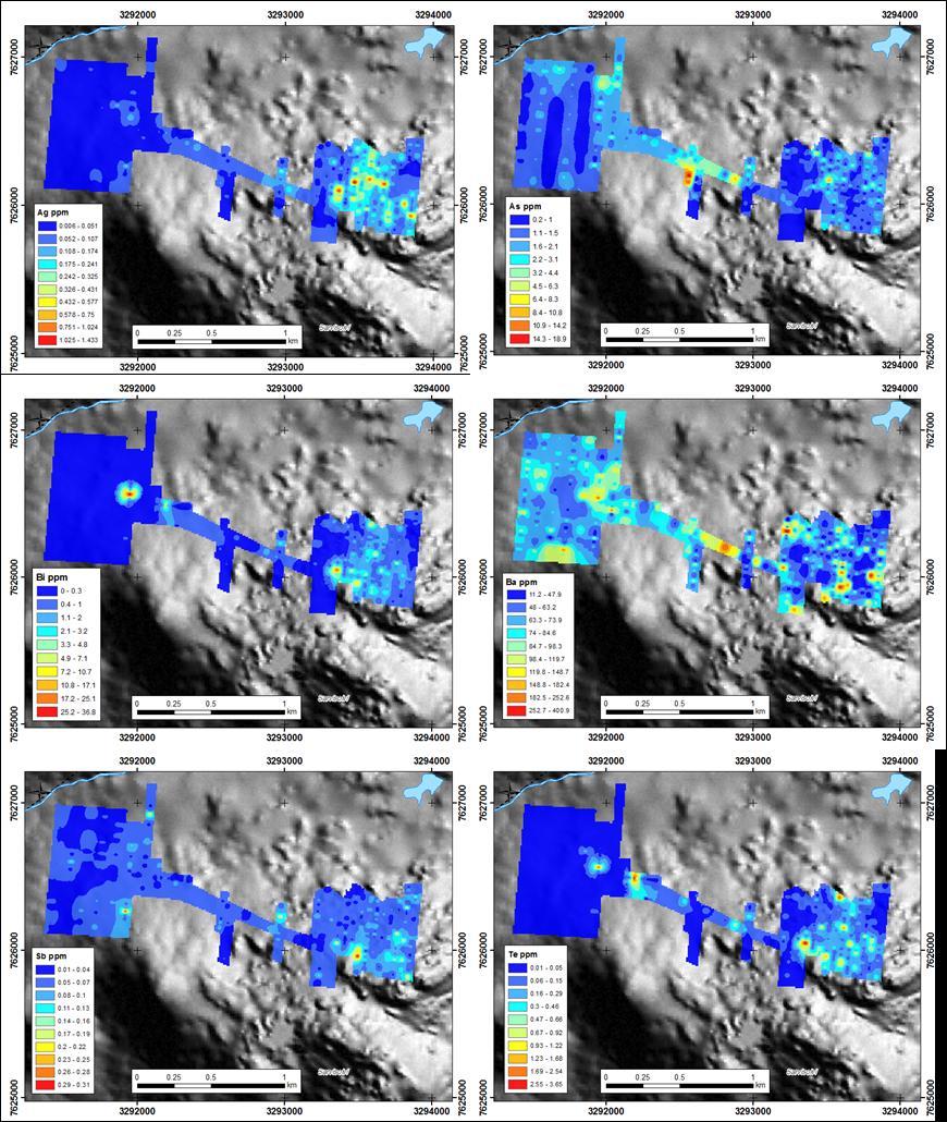 GEOLOGIAN TUTKIMUSKESKUS 2551017 HANKERAPORTTI 123 Kuva 72. Ag:n, As:n, Bi:n, Ba:n, Sb:n ja Te:n esiintyminen moreenin hienoaineksessa Sarvisoaivin tutkimuskohteessa. Aineisto interpoloitu (IDW).