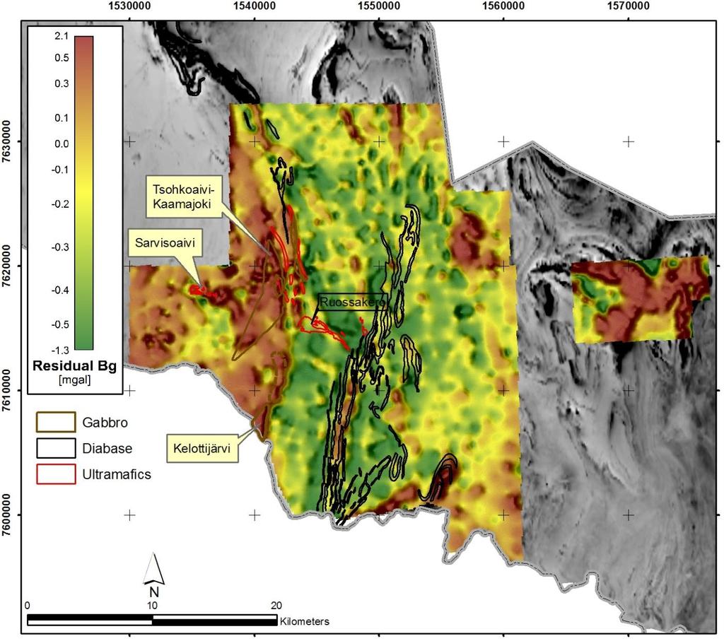 GEOLOGIAN TUTKIMUSKESKUS 2551017 HANKERAPORTTI 143 Kuva 81. Käsivarren alueellisten painovoimamittausten residuaali -anomalia. Karttaan on merkitty kallioperäkartan ultramafiitit (mm.