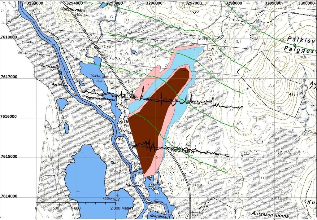 GEOLOGIAN TUTKIMUSKESKUS 2551017 HANKERAPORTTI 18 25.02.2015 Kuva 3. Kairausten perusteella hahmoteltu yksinkertaistettu kuva Kelottijärven alueen kallioperästä.