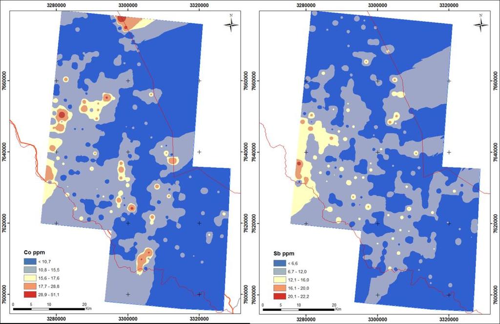 GEOLOGIAN TUTKIMUSKESKUS 2551017 HANKERAPORTTI 68 Kuva 35. Sinkin ja kuparin pitoisuudet moreenin hienoaineksessa alueellisen geokemiallisen kartoituksen tuloksissa.