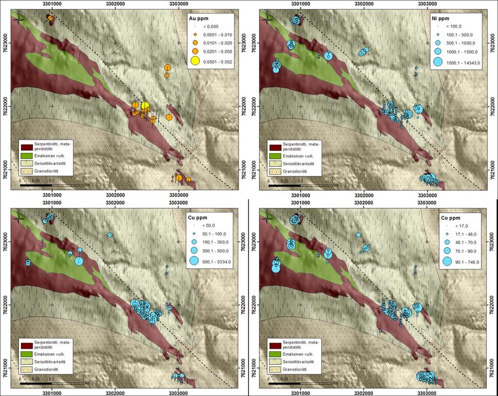 GEOLOGIAN TUTKIMUSKESKUS 2551017 HANKERAPORTTI 78 ten moreenituloksissakin. Korkeimmillaan Cu-pitoisuus rapakalliossa on noin 0.3 %.