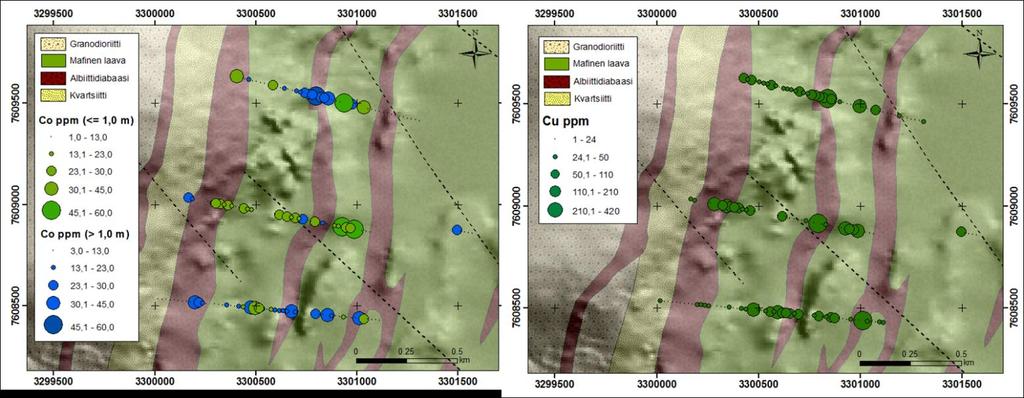 GEOLOGIAN TUTKIMUSKESKUS 2551017 HANKERAPORTTI 82 Kuva 43. Co- ja Cu-pitoisuudet moreenin hienoaineksessa Palovaaran kohdealueella. Pohjakartat: Maanmittauslaitos, lupa nro 13/MML/12 ja Haltik. 8.5.6 Palkisjärvet Karttalehdelle 1834 01 sijoittuvan Palkisjärven kohteessa on otettu pintamoreeninäytteenottoa moreenista lapiolla vuonna 1982 (Keinänen, 1988).