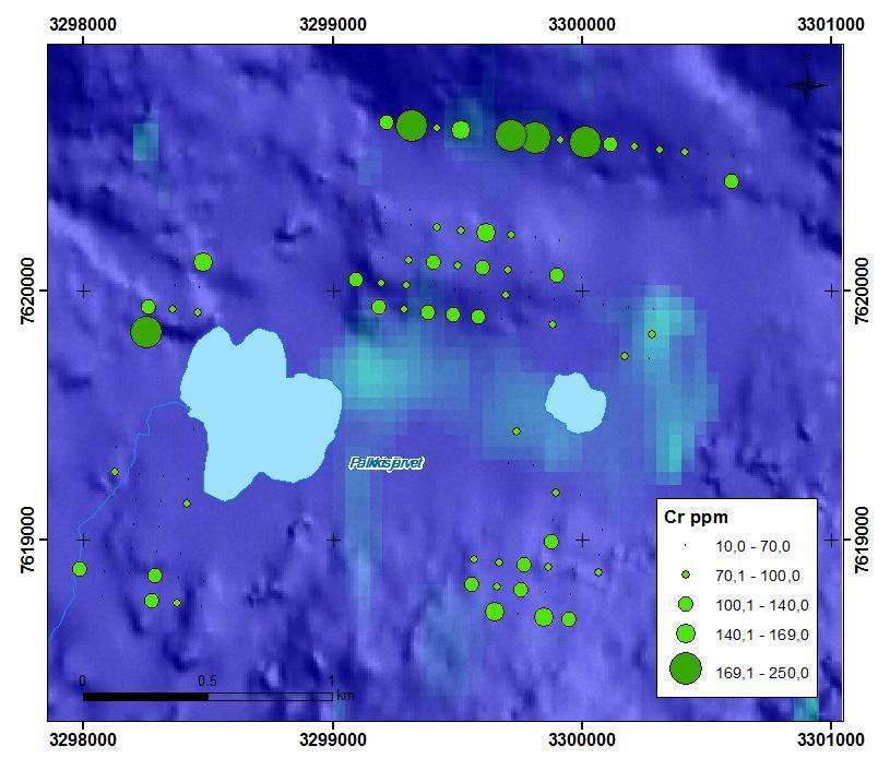 GEOLOGIAN TUTKIMUSKESKUS 2551017 HANKERAPORTTI 83 vimmissa paikoissa. Näin ollen muodostunut yhtenäisempi korkeiden Cr-pitoisuuksien alue ei välttämättä kuvasta jäätikön virtaussuuntaa (kuva 44).