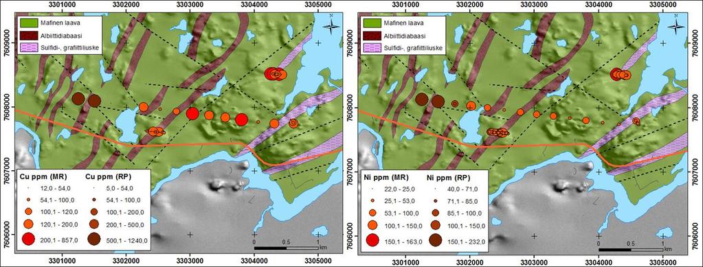 GEOLOGIAN TUTKIMUSKESKUS 2551017 HANKERAPORTTI 85 Kuva 45. Kupari- ja nikkelipitoisuudet moreenin hienoaineksessa Vikkurin alueella. Pohjalla DigiKp - kartta sekä korkeusmalli.