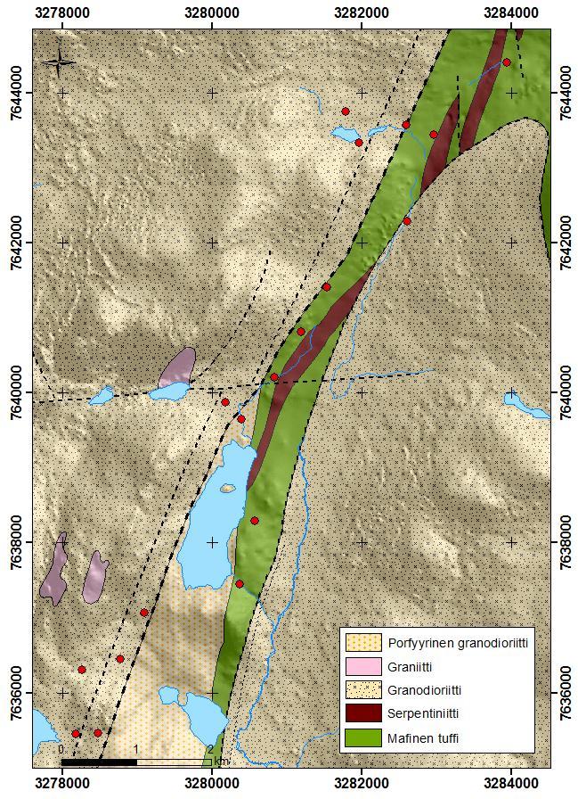 GEOLOGIAN TUTKIMUSKESKUS 2551017 HANKERAPORTTI 88 Kuva 48. Tilaukseen g39872 liittyvien näytepisteiden (punaiset pisteet) sijainti Ropinsalmen pohjoispuolella.