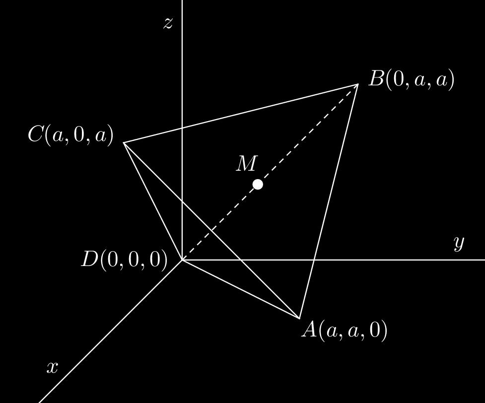 30 Sijoitetaan tetraedri koordinaatistoon siten, että huippu D on origossa ja pohjakolmion kärjet A, B ja C sijaitsevat kuvan mukaisesti. Piste M on pohjakolmion ABC mediaanien leikkauspiste.