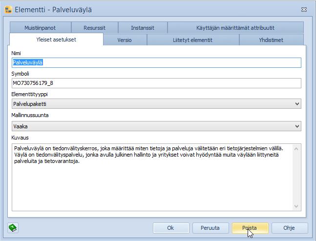 Kaksoisklikkaa Kaavionäkymässä palvelupakettia ja valitse avautuvasta ikkunasta Poista-painike