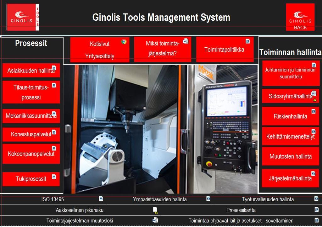 KUVA 3. Ginolis Tools Oy:n laadunhallintajärjestelmän etusivu Syksyllä 2016 käytiin kaksi koulutusta konsultin johdolla.
