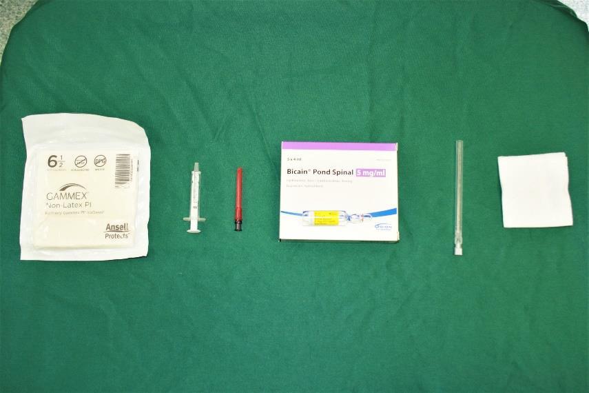 6.2 Ohje: Spinaalipuudutuksessa käytettävät välineet 1. 2. 3. 4. 5. 6. 1. Steriilit hanskat anestesialääkärille 2. Ruisku puuduteaineen ampullasta vetämistä varten 3.