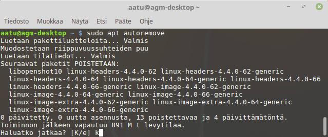 103 autoremove-komennolla voidaan siivota samalla ylimääräiset kernel-paketit. Jos on uusia asennellut aktiivisesti, niin vanhat saattavat viedä tilaa roimasti, kunnes ne siivotaan pois. 4.11.