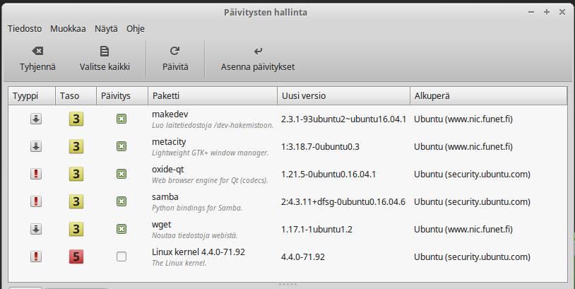 30 Kuva 3.4.1.1: Linux Mintin päivitysten hallintaohjelma. Kaikki päivitysten hallinnan kautta olevat päivitykset voidaan asentaa yleensä huoletta.