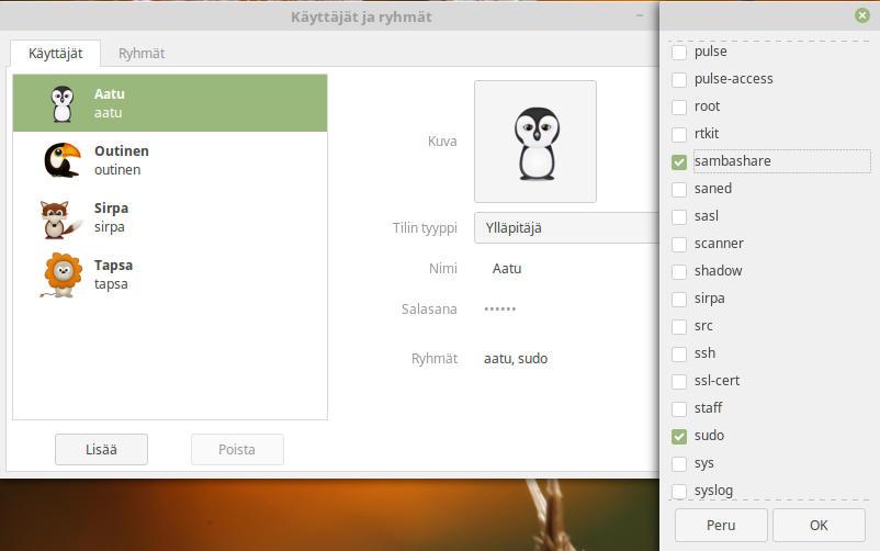 67 sudo apt install samba Tarkista myös, että käyttäjätunnuksellasi on oikeudet sambashare -toimintoon. Mene Järjestelmän asetukset Käyttäjät ja ryhmät.