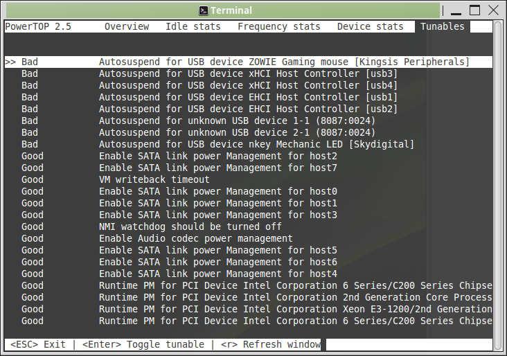 96 sudo apt install powertop Kaikki virransäästöön liittyvät toiminnot voidaan kytkeä päälle kerralla seuraavalla komennolla, joka on voimassa, kunnes tietokone sammutetaan.