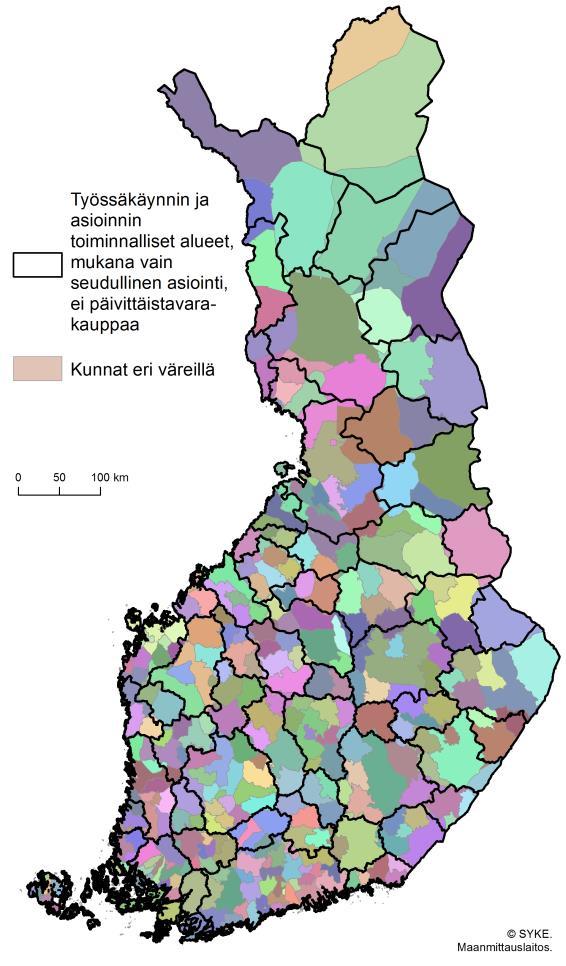 Toiminnalliset alueet ovat moninaisia ja koostuvat yleensä useista kunnista Toiminnallinen aluejako on tuotettu synteesinä työssäkäynnin ja asioinnin perusteella.