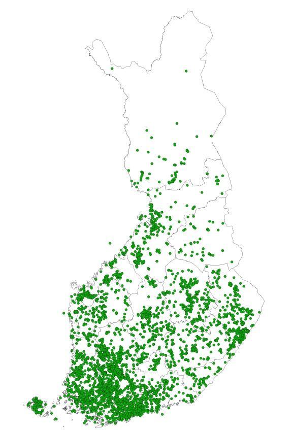 7 Kuva 3. Mehiläistarhojen sijoittuminen Suomessa (Elintarviketurvallisuusviraston pitopaikkarekisterin mukaan, tilanne 5.4.2016).