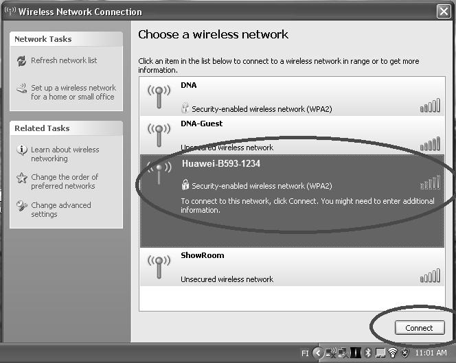 Windows XP Windows tietokoneessa voit klikata oikeasta alakulmasta löytyvää tietokoneen kuvaa, jossa on langattoman verkon symbolit.