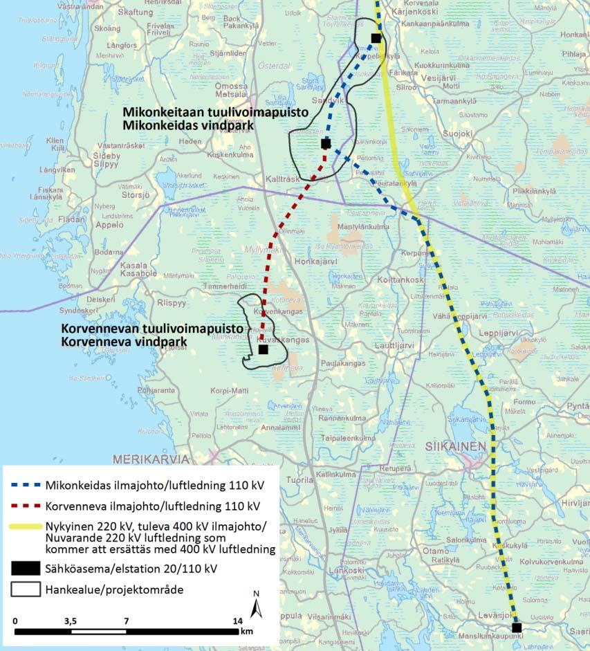 FCG SUUNNITTELU JA TEKNIIKKA OY Mikonkeitaan tuulivoimapuisto 286 Johtohankkeesta on tehty lakiin perustuva ympäristövaikutusten arviointiselostus (Fingrid Oyj 2008), josta yhteysviranomaisena