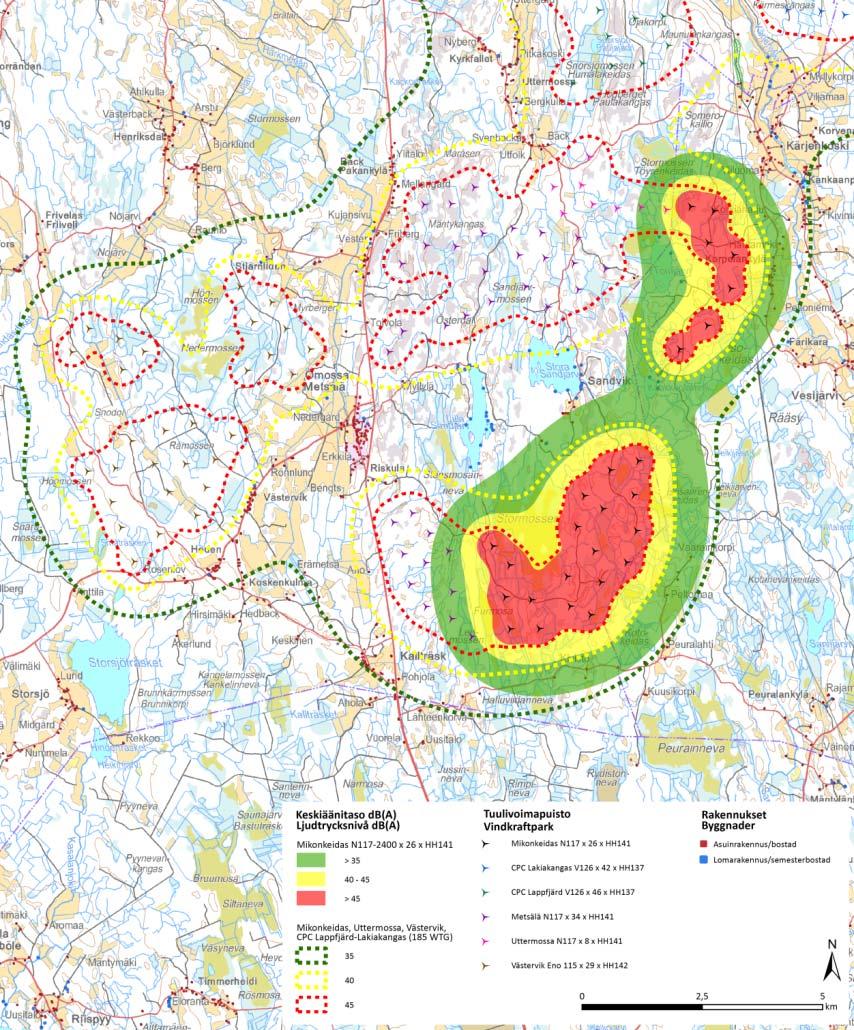 FCG SUUNNITTELU JA TEKNIIKKA OY Mikonkeitaan tuulivoimapuisto 296 Kuva 17.3. Melun yhteisvaikutus.