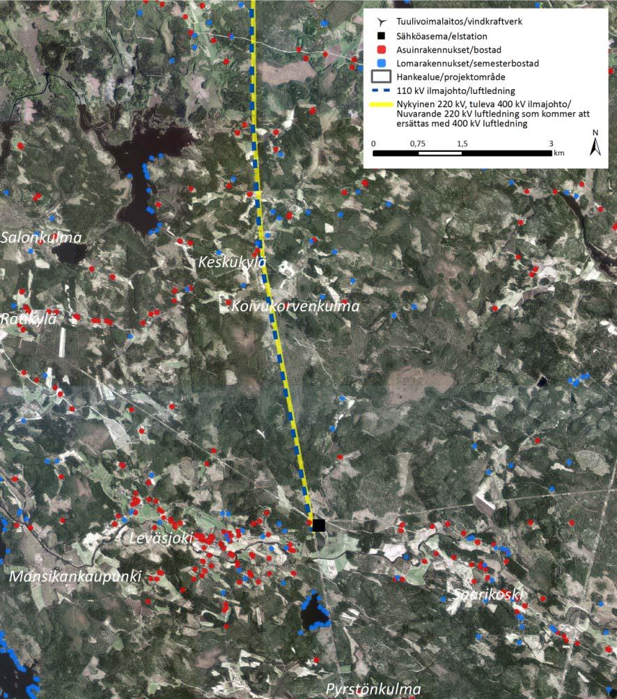 FCG SUUNNITTELU JA TEKNIIKKA OY Mikonkeitaan tuulivoimapuisto 271 Kuva 15.4. Vaihtoehdon C 110 kv voimajohto yhdistetään Leväsjoen 110/400 kv sähköasemaan.