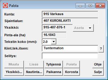 Ohje 16 (33) Kylän rajat on poistettu ja esitetään kartalla rekisteriyksikön rajana. "Korjaa kuntajaon muutoksen rajat..."-ikkunasta on poistettu kylän rajojen korjausväline.