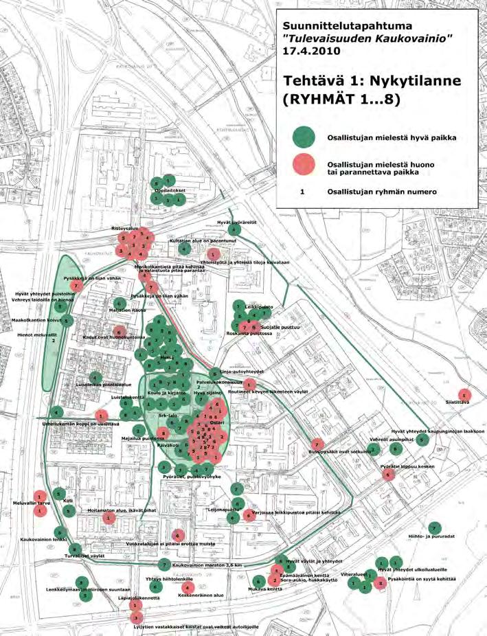 6.2 ENSIMMÄINEN SUUNNITTELU- TAPAHTUMA Kuva 28. Osallistujien mainitsemat hyvät tai viihtyisät paikat sekä huonot tai parannettavat paikat.